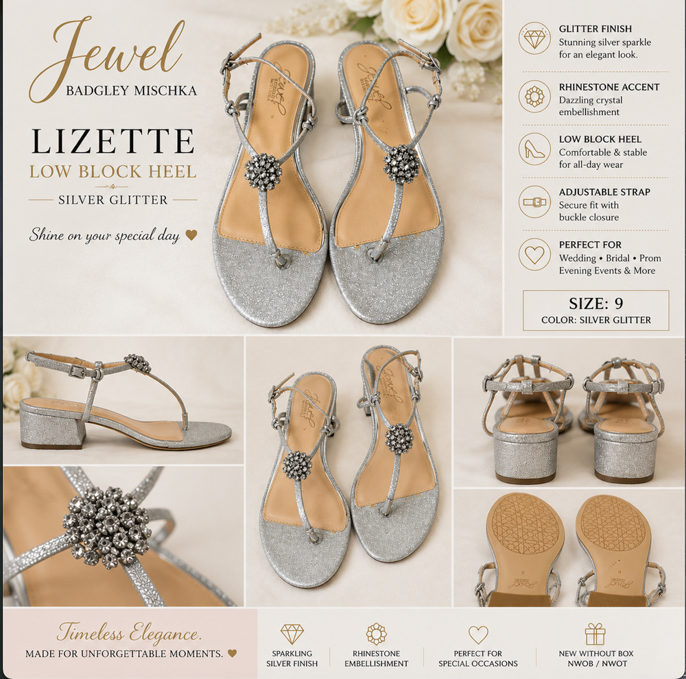 Jewel Badgley Mischka Lizette Silver Glitter Rhinestone Sandals 9